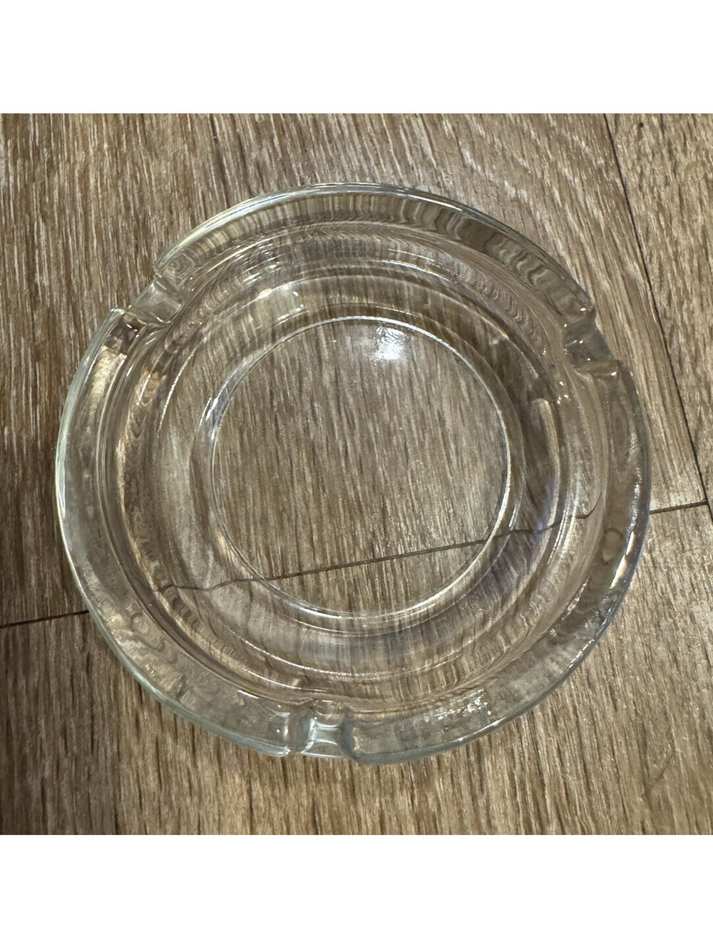 Clear Glass Round Ashtray with Cigarette Rests, Unmarked Clear Glass